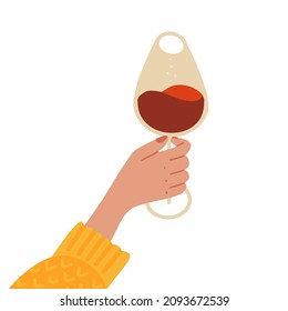 Female hand holding glass with red wine drink in fingers. Isolated flat hand drawn vector illustration.