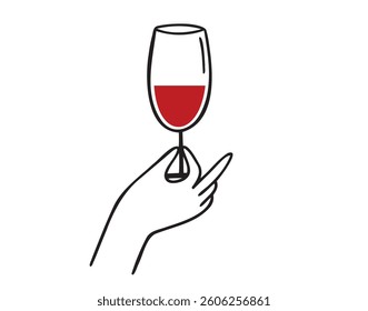 Female hand holding glass of red wine doodle hand drawn icon. Outline drawing hand holding wine glass line clipart symbol. Vector illustration