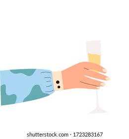 Female hand holding glass of sparkling wine. Woman's hans in bright clothes with memphis pattern holding glass. Alcohol drink. Concept of champagne lover. Side view. Flat vector illustration