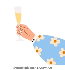 Female Hand Holding Glass Of Sparkling Wine. Woman's Hans In Bright Clothes With Memphis Pattern Holding Glass. Alcohol Drink. Concept Of Champagne Lover. Side View. Flat Vector Illustration