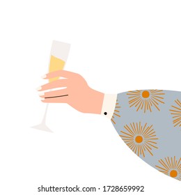 Female hand holding glass of sparkling wine. Woman's hans in bright clothes with memphis pattern holding glass. Alcohol drink. Concept of champagne lover. Side view. Flat vector illustration