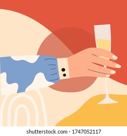 Female hand holding glass of sparkling wine. Woman's in bright clothes with memphis pattern holding glass. Alcohol drink. Concept of champagne lover. Side view. Flat vector illustration