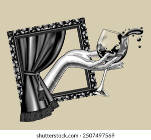 Female hand holding a glass with splashed wine in retro decorative frame with a classic curtain. Vector conceptual illustration in vintage black and white engraving style
