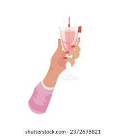 Female hand holding glass of tasty cocktail on white background