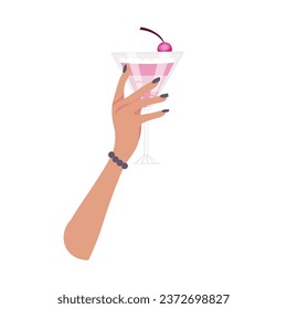 Female hand holding glass of tasty cocktail on white background