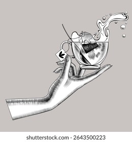 Female hand holding a glass transparent cup with splash of tea, spoon and tea bag inside. Drawing in black and white vintage engraving style. Vector 
Illustration