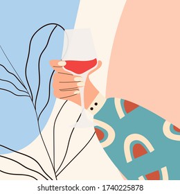 Female hand holding glass of wine. Woman's hand in bright clothes with memphis pattern holding glass. Alcohol drink. Concept of wine lover. Picture on abstract background. Flat vector illustration