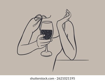 Female hand holding a glass of wine. Minimal linear fashion style.