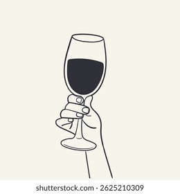 Mão feminina segurando uma taça de vinho. Estilo de moda linear mínimo.