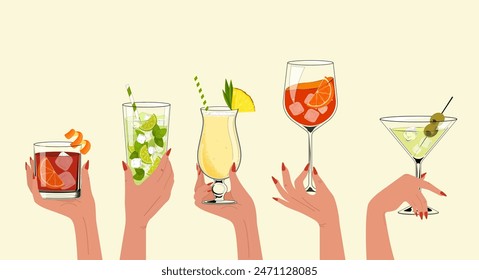 Female hand holding a glasses of cocktails. Pina colada, old fashioned, mojito, aperol, martini