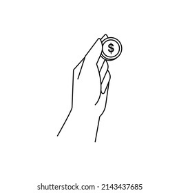 Female hand holding golden dollar coin. Simple line vector illustration for finance, business and banking. Arm with money for charity, donation or lottery.
