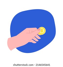 Female hand holding golden dollar coin. Simple flat vector illustration for finance, business and banking. Arm with money for charity, donation or lottery.