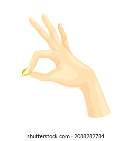 Female hand holding golden ring with pearl vector illustration