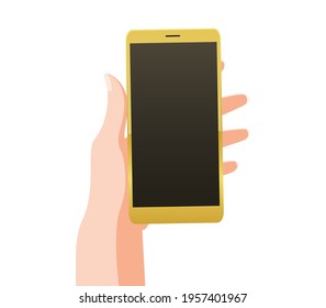 Female hand holding golden smartphone on isolated white background. For advertising, mokup, business, sale. Vector illustration. 