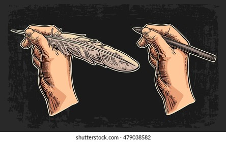 Female hand holding a goose feather and pencil. Vector color vintage engraving illustration for poster, label, banner, web. Isolated on black background