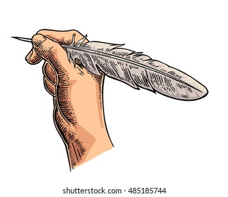Female hand holding a goose feather. Vector color vintage engraving illustration for poster, label, banner, web. Isolated on white background