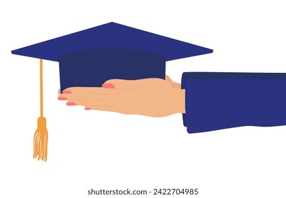 Female hand holding graduation cap. Vector illustration