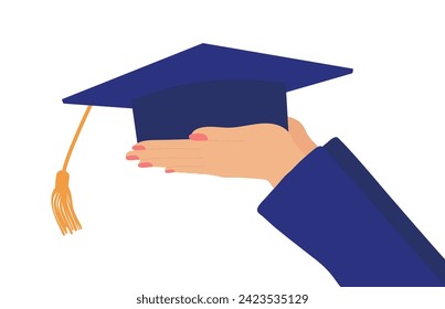 Female hand holding graduation cap. Vector illustration