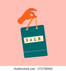 Female hand holding green Shopping or gift Bag. Sale sign. Sack for purchases, presents. Hand drawn Vector illustration. Shopping, Discount, sale concept