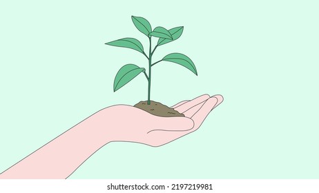 Female hand holding a green sprout with handful of soil. Eco, green, environment friendly illustration isolated on pale green background. Creative green design used for website, business and more.