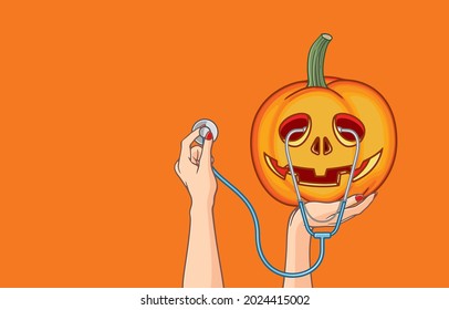 Female hand holding halloween decor pumpkin, jack o lantern with stethoscope, Autumn, Thanksgiving, Coronavirus prevention during halloween concept. Vector illustration isolated on background.