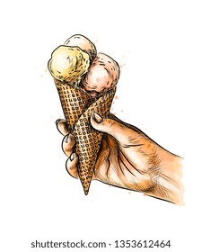 Female hand holding ice cream in waffle cone from a splash of watercolor, hand drawn sketch. Vector illustration of paints