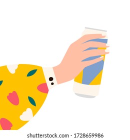 Female hand holding jar of beer. Woman's hans in bright clothes with memphis pattern holding cider jar. Alcohol drink. Concept of beer lover. Side view. Flat vector illustration