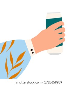 Female hand holding jar of beer. Woman's hans in bright clothes with memphis pattern holding cider jar. Alcohol drink. Concept of beer lover. Side view. Flat vector illustration