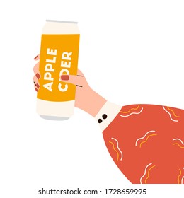 Female hand holding jar of beer. Woman's hans in bright clothes with memphis pattern holding cider jar. Alcohol drink. Concept of beer lover. Side view. Flat vector illustration