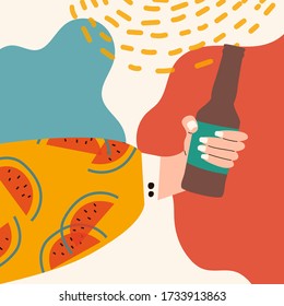 Female hand holding jar of beer. Woman's hand in bright clothes with memphis pattern holding cider jar. Alcohol drink. Concept of beer lover. Picture on abstract background Flat vector illustration