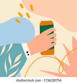 Female hand holding jar of beer or cider. Woman's hans in bright clothes with memphis pattern holding glass. Alcohol drink. Concept of beer lover. Side view. Flat vector illustration