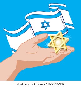 Female hand holding Jewish holiday traditional  symbols -golden  star David, on the palm, flag of Israel,  isolated on blue background,  Contour lines, sketch, hand drawing Vector illustration