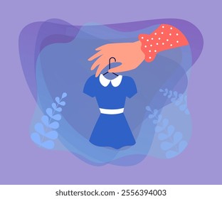 Female hand holding kids dress on hanger. Woman buying new cute stylish clothes for girl in shop flat vector illustration. Fashion, outfit concept for banner, website design or landing web page