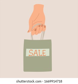 Female hand holding kraft paper. Shopping or gift bag. Big sale sign. percent with a bag for purchases, gifts. Shopping, sale concept. Vector.