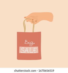 Female hand holding kraft paper. Shopping or gift bag. Big sale sign. percent with a bag for purchases, gifts. Shopping, sale concept. Vector.