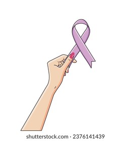 Female Hand Holding Lavender Satin Ribbon All Cancer Awareness World Cancer Day Vector Illustration svg