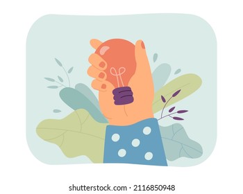 Female hand holding lightbulb as symbol of new idea. Person finding solution flat vector illustration. Creativity, inspiration, startup concept for banner, website design or landing web page