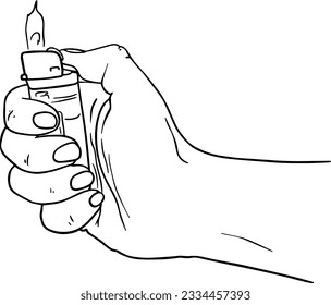 Female hand holding lighter fire doodle linear cartoon coloring book