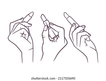 Female hand holding lipstick line art vector illustration set  Elegant women's hand holds lipstick