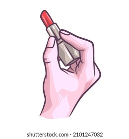 female hand holding lipstick vector illustration