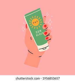 Female hand holding a lotion tube. Sunscreen Moisturizer, Sunblock, skin protection and UV rays blocking concept. Hand drawn Vector illustration. Pre-made poster or print template