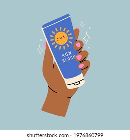 Female hand holding a lotion tube. Sunscreen Moisturizer, Sunblock, skin protection and UV rays blocking concept. Hand drawn Vector illustration. Pre-made poster or print template