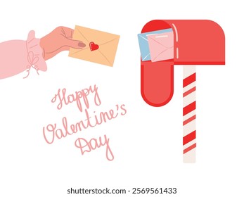 Female hand holding love envelope near mailbox with letters. Vector greeting card for Valentine's Day.