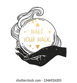 Female Hand, Holding Magic Crystal Ball. Vector Hand Drawn Illustration With Place For Text