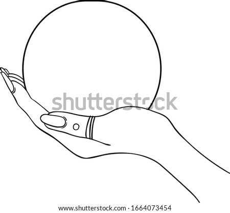 Female hand holding Magic Crystal Ball  isolated on white. Creepy cute vector illustration. Gothic design, mystic magician symbol  in black outlines. Future telling, Halloween concept.