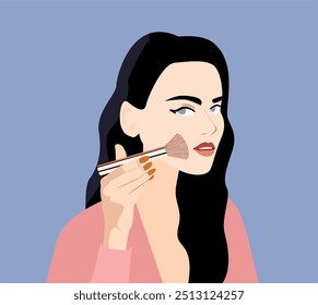 female hand holding makeup brush. A brunette woman applies makeup with a brush. A blush brush. A vector illustration of a podhoit for a cosmetics and beauty treatments store. Make-up artist