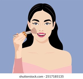 female hand holding makeup brush. A brunette woman applies makeup with a brush. A blush brush. A vector illustration of a podhoit for a cosmetics and beauty treatments store. Make-up artist