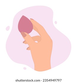 Female hand holding make-up sponge. Accessory for applying makeup base. Flat illustration of female hand with cosmetic sponge isolated on white background. Concept of Beauty, skincare. Vector