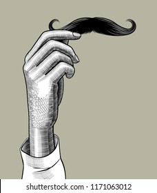 Female hand holding male mustache  Vintage engraving stylized drawing  Vector illustration