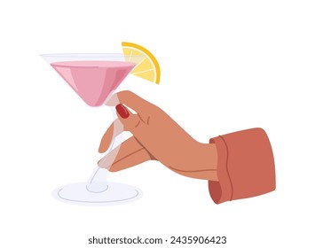 Female hand holding margarita cocktail alcohol beverage in glass isolated on white background